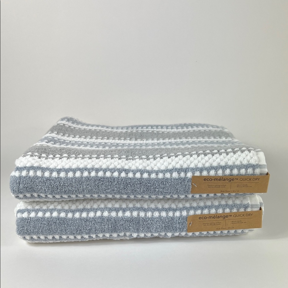 Eco Melange Bath Towel Set Gray Blue White Stripe Quick Dry Soft Cotton 2 Pc NEW